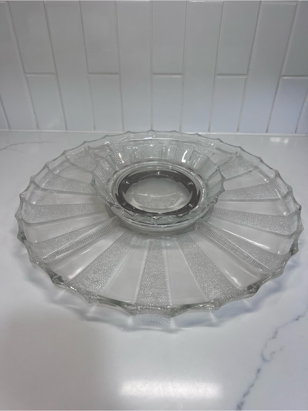 Vintage Jeannette Glass Dewdrop Large Divided Relish Tray Bowl & Lazy Susan